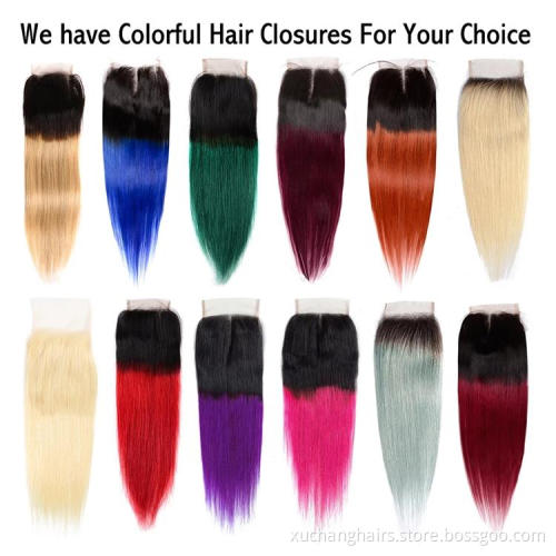 Ombre Dark Roots Human Hair Bundles With Closure 1B/Green Two Tone Color Virgin Brazilian Hair Weave